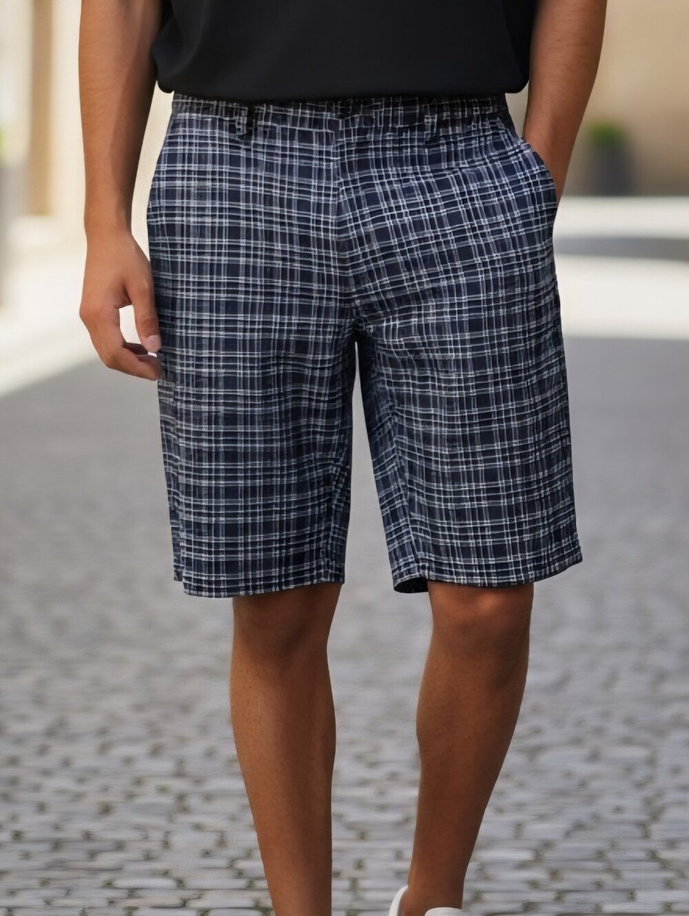 Greg Norman Collection Navy and White Plaid Flat-Front Performance Shorts